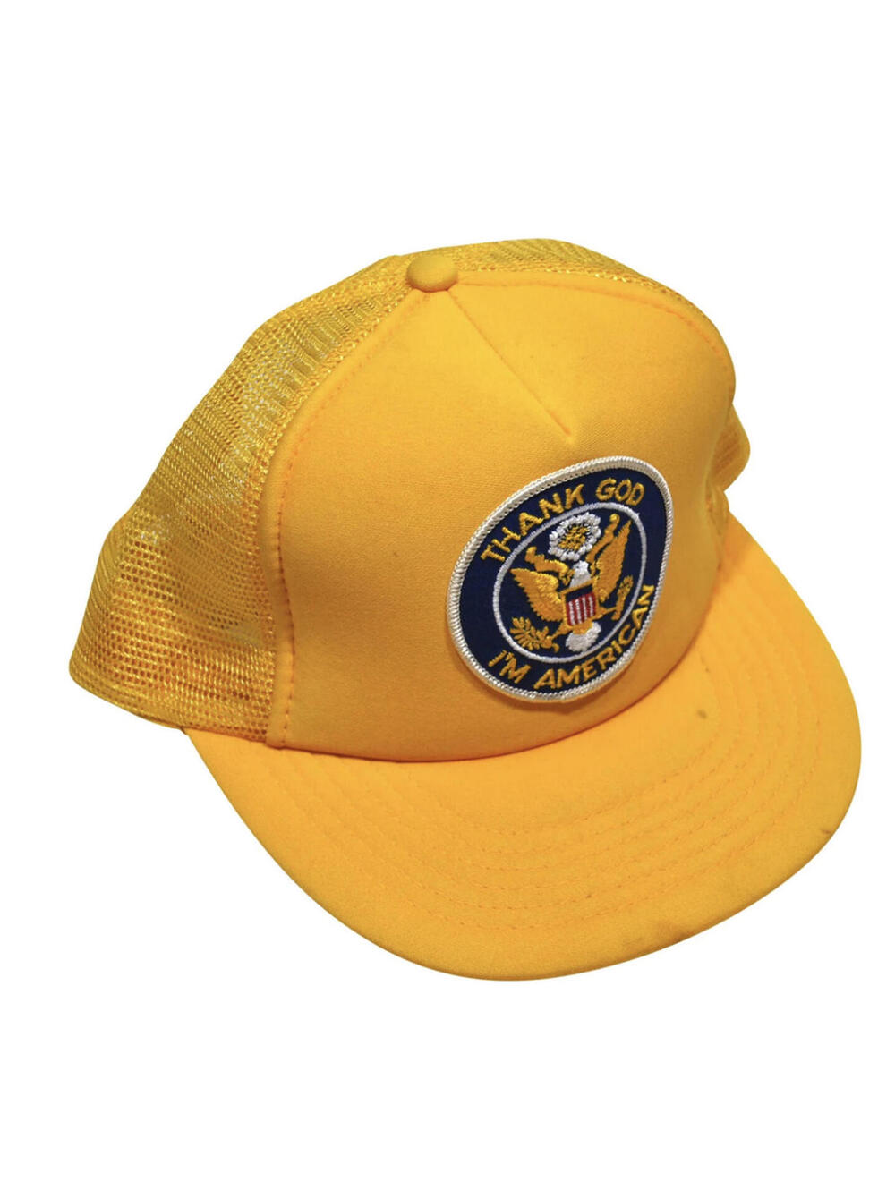 Vintage Thank God I'm American 90s USA Yellow Trucker Hat Cap Snapback